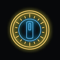 Glowing neon icon of power button enclosed in circle on black background, representing concept of starting or turning on