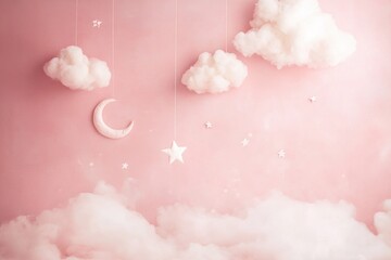 Soft pastel background with clouds, moon, and stars ideal for a dreamy nursery or children's decor