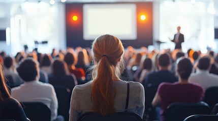 Business and entrepreneurship conference. Presenter delivering a speech at a business event. Attendees seated in the conference hall. Rear view of an unidentifiable audience member.
