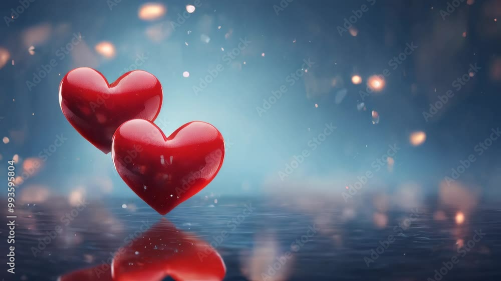 Poster red heart-shaped balloons floating with a reflection on water, creating a romantic and dreamy mood.