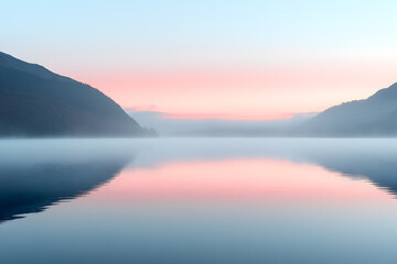 Ethereal Mist Rising Above Calm Waters at Dawn: Pastel Sky Reflections