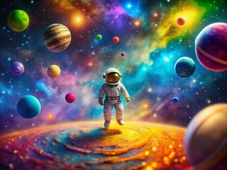 Naklejka premium Tiny Astronaut Exploring a Colorful Galaxy with Stars and Planets in a Dreamlike Space Scene