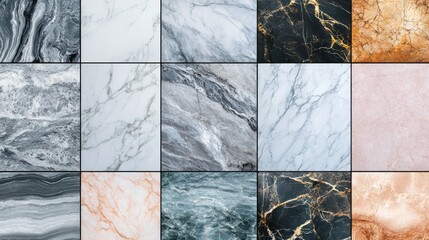A collage of various marble tile designs showcasing different colors and patterns.