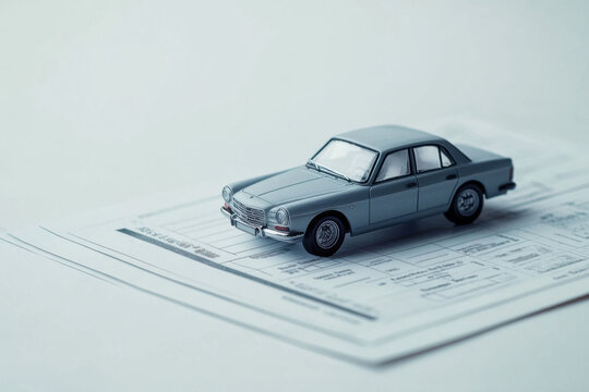 Aesthetic display of a miniature car model resting on a document at an indoor workspace