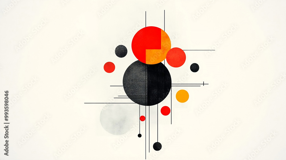Poster abstract geometric composition with circles and lines. 3d render illustration.