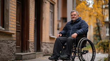 Obraz premium Man in wheelchair enjoys autumn day outside a building during disabilities awareness event