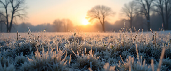 Obraz premium Frosty meadow at sunrise, Delicate frost crystals on blades of grass, Warm light breaking through the frosty sky, Silhouettes of bare trees in the background