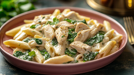 Creamy Chicken and Spinach Pasta in a pink plate on a dinner table. The chicken is diced. The pasta is penne pasta.