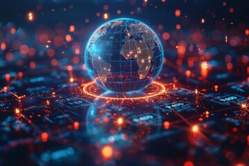 Illuminated globe surrounded by digital network with floating dollar signs on dark blue background