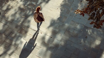 Fototapeta premium Young Woman Walking Alone on Paved Street in Autumn with Long Shadows from Trees â€“ Overhead Perspective