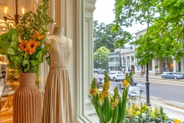 Elegant Dress Display in Boutique Window with Fresh Floral Arrangement