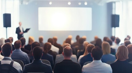 Business and entrepreneurship conference. Presenter delivering a speech at a business event. Attendees seated in the conference hall. Rear view of an unidentifiable audience member.