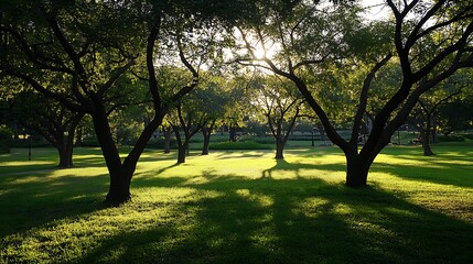 Obraz premium Sun shining through trees in a green park.