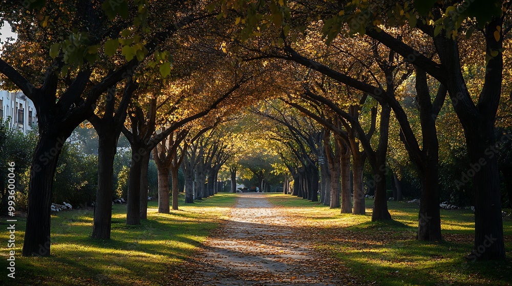 Poster a path through a canopy of trees in autumn.