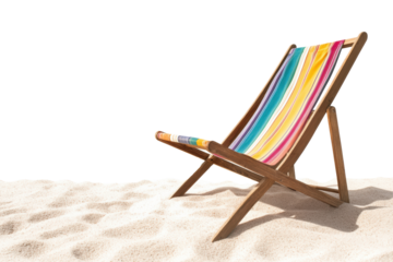 A colorful beach chair on a sandy shore under a bright sky