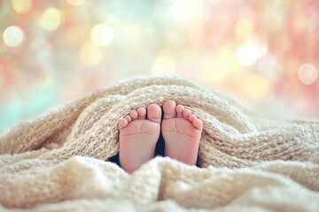 Charming tiny baby feet peeking out from a cozy blanket in a softly lit, colorful environment
