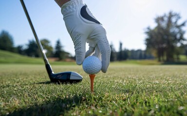 Golfer Placing Ball on Tee: Close-up of a golfer's gloved hand placing a golf ball on a tee, ready for a tee shot on a lush green golf course under a bright sunny sky.