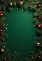 An elegant green holiday backdrop decorated with pine branches, ornaments, and twinkling lights