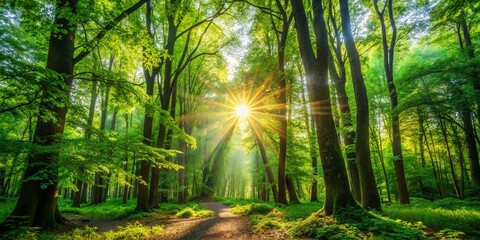 Fototapeta premium Tranquil Nature Forest Scenery with Lush Green Foliage and Sunlight Filtering Through Trees