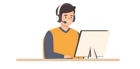 Young man working in customer service wearing a headset flat illustration isolated on background