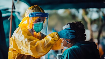 A volunteer healthcare worker in protective gear giving a vaccine to a patient under a makeshift tent at a relief camp, both focused, aiding recovery