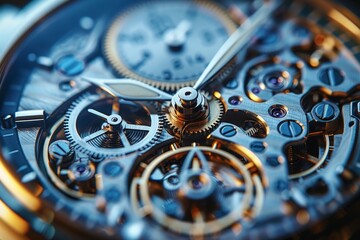 Detailed close up of vintage self winding watch mechanism with hands and dust reflections
