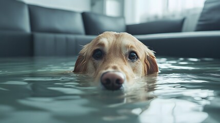 Fototapeta na wymiar A golden retriever dog swims in a flooded living room, looking at the camera with a worried expression. The couch is visible in the background.