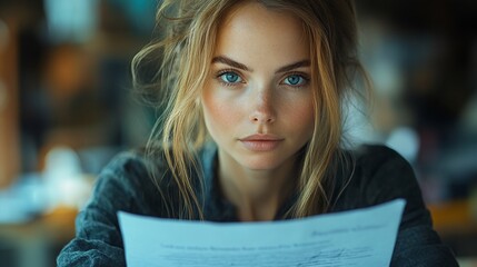 Young woman with blue eyes looking intently at a document, sitting at a table.