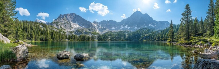 Tranquil Mountain Lake with Crystal Clear Water Surrounded by Lush Trees and Majestic Peaks