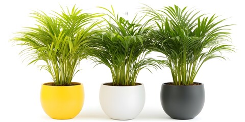 Three potted parlor palms in yellow, white, and gray pots against a white background.