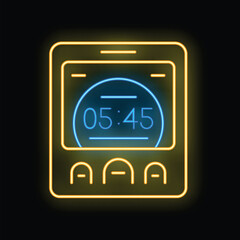 Glowing neon line alarm clock app smartphone interface icon isolated on black background