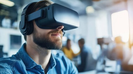 Man Engaged in Virtual Reality Experience at Work
