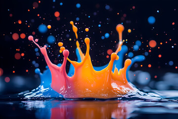 Dynamic Vibrant Paint Splashes Frozen in Time: Suspended Mid-Air Against Dark Backdrop