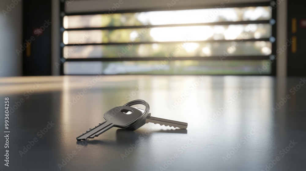 Poster key and lock resting on a clean, flat surface in a garage setting