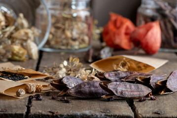 Various seeds of garden flowers in paper bags and glasses on rustic wood