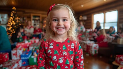 Fototapeta premium A joyful young girl in festive attire stands in front of a Christmas tree and presents, beaming with excitement.