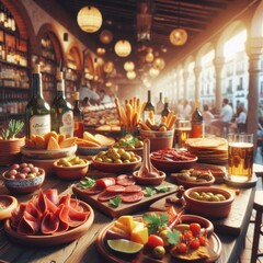 Naklejka premium A vibrant spread of Spanish tapas, including olives, meats, cheeses, and bread, displayed on a rustic table in a traditional Spanish restaurant. Bottles of wine and glasses of beer add a festive