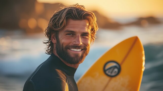 Smiling bald african american senior man shielding eyes and carrying surfboard at beach against sky. Copy space, water sports, recreation, retirement, unaltered, vacation, enjoyment, nature, sunset.