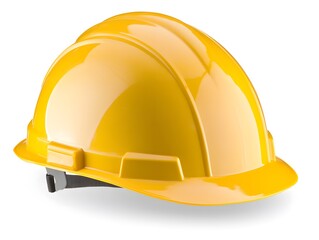 Fototapeta premium A bright yellow hard hat with a black chin strap.
