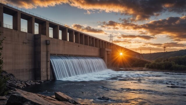 Hydroelectric Dam at Sunset: Water Release, River Flow, and Golden Hour