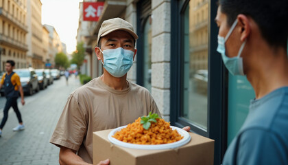 Asian delivery man wearing face mask holding meal delivering to client, man customer taking delivery paper eco bag with grocery takeout food meal from man courier holding paper package delivery, 