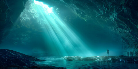 A Solitary Figure Stands in a Mysterious Cave with Copy Space
