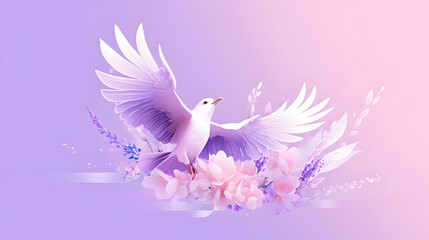 Obraz premium Dove Soaring Through Flowers, a Dreamy Purple Canvas for Your Text