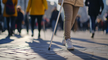 A person using a cane walks through a bustling city on International Disabilities Day in December