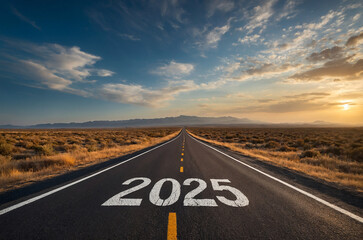 Naklejka premium 2025 road goals concept: a straight highway through the desert leading to future plans