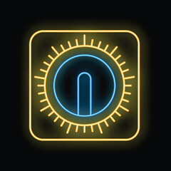 Glowing neon icon of a timer showing almost end of cooking time, isolated on black background