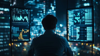 Businessman looking at stock market charts and graphs on a digital screen