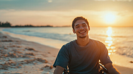 Celebrating disabilities day with joy on the beach at sunset