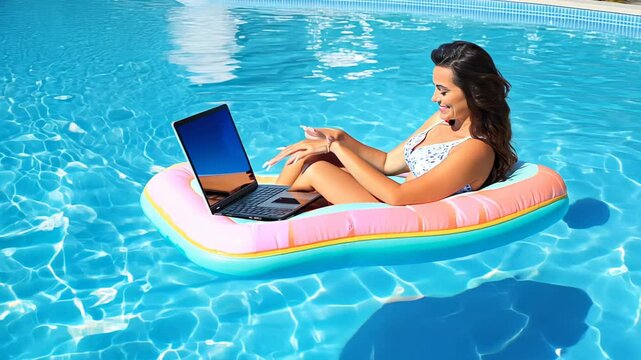 Woman working on a laptop while relaxing on a pool float in the water