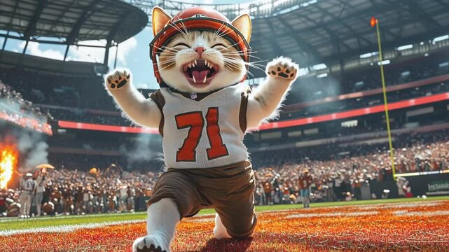 A cat wearing a football helmet and jersey runs on a field with a crowd cheering in the background.